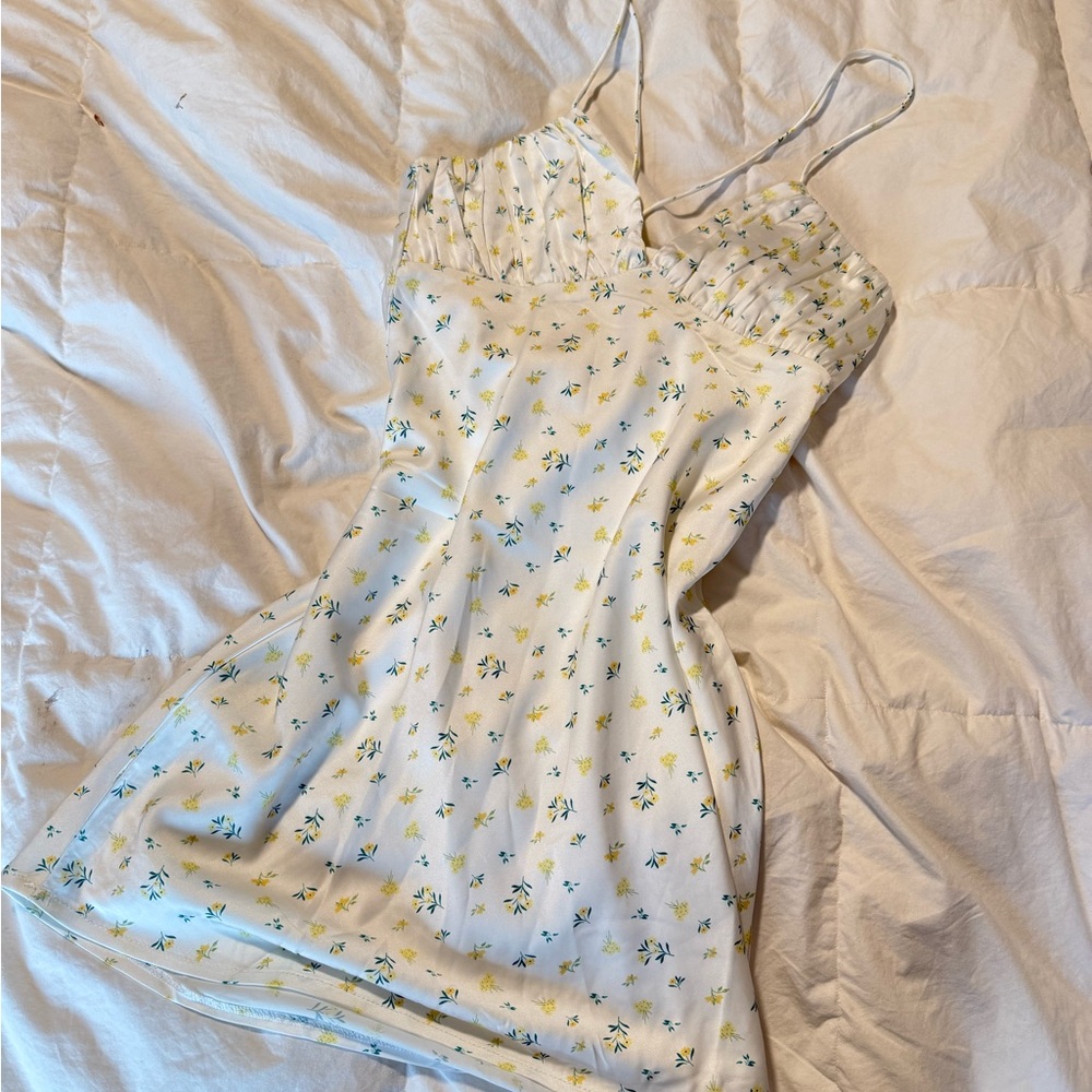 White Fox Boutique White Mini Dress with Yellow & Green Floral Print